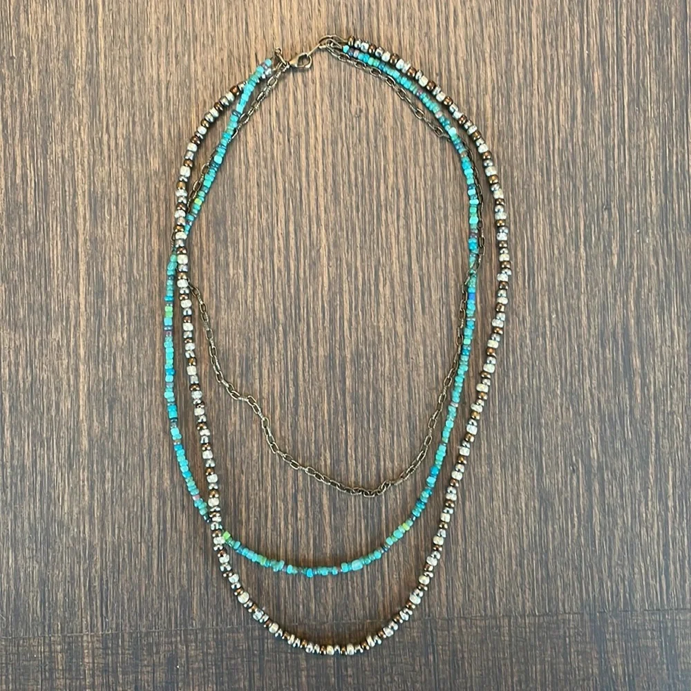 HAND CRAFTED NECKLACE Seed Beads Bronze Pewter Turquoise Mix Antique Brass Boho - Picture 5 of 10